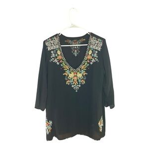 Johnny Was Black Embroidered V-Neck Long Sleeve Tunic Blouse